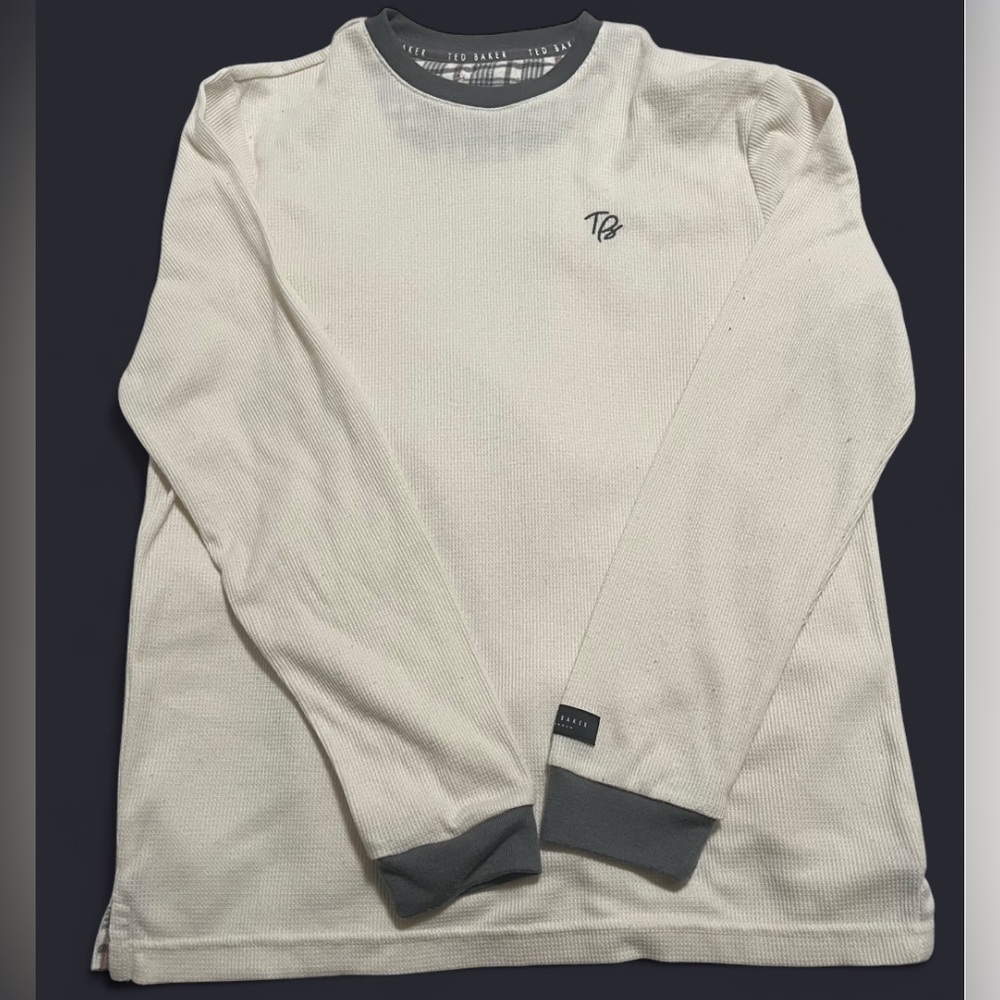 Ted Baker Men soft micro waffle cream and gray long sleeve lounge shirt size M